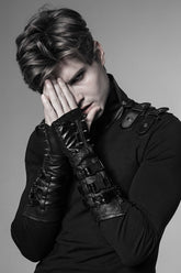 Black Faux Leather Metal Rivet Buckle Men's Steampunk Gloves